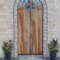 "Door of Hope" by Ginny Young / Collage on stretch canvas; unframed 24 x 36 / "I am the door; if anyone enters through Me, he will be saved..." John 10:9