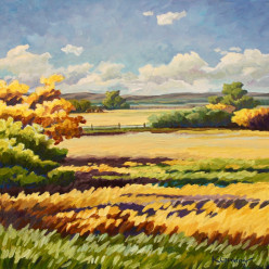 Silent Auction: "September Afteroon, Kelly Ranch" 16 x 16, acrylic on panel by Kristin Goering. Value: $650.
