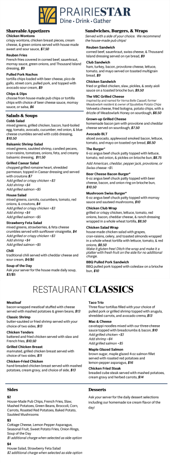 Prairie Star menu