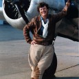 Ann Birney as Amelia Earhart standing in front of a Twin Beech SNB at the Combat Air Museum in Topeka, Kan.